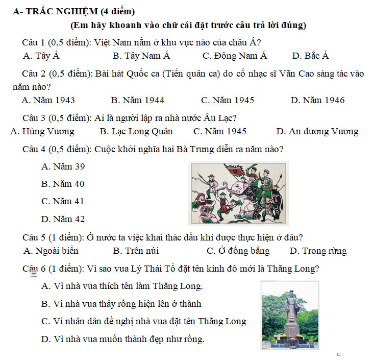 Đề thi lịch sử địa lí 5 cuối kì I